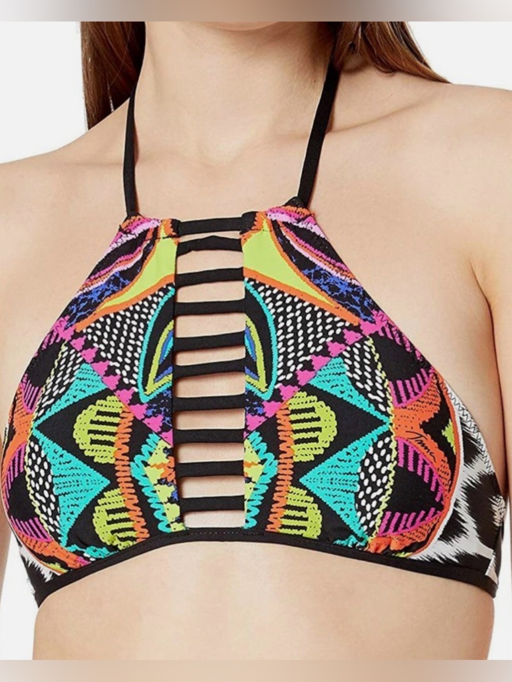 Trina Turk Africana High Neck Strappy Halter Bikini Top in Multi Print Size 12